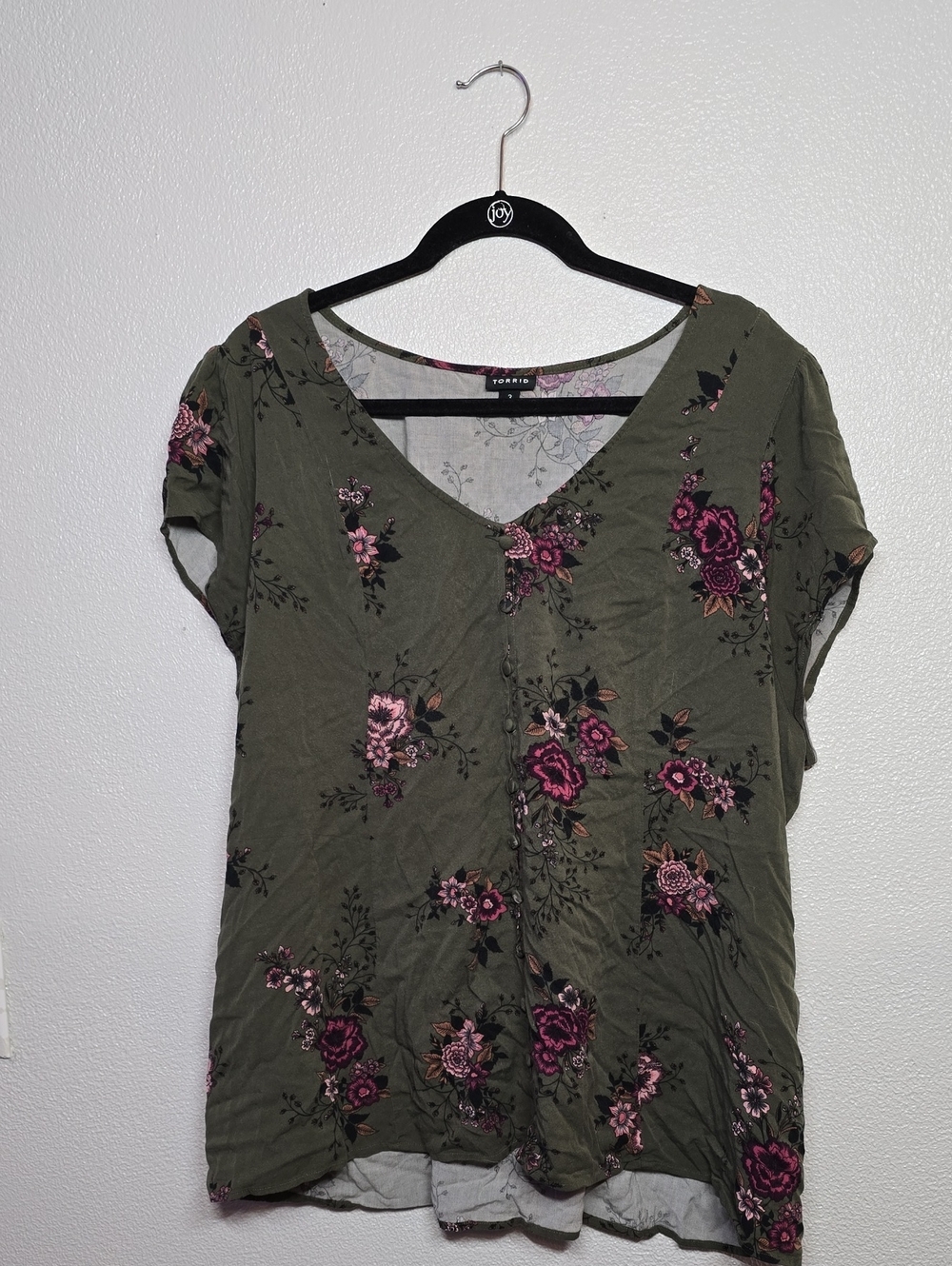 Torrid Olive Floral V-Neck Top with Pink & Purple Accents